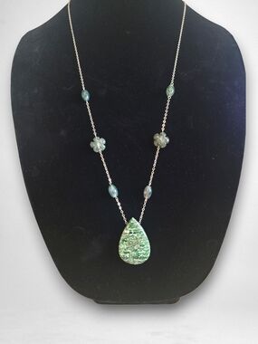 Hand Crafted Green Tree Agate Teardrop Pendant Necklace With Moss Agate 39" Long